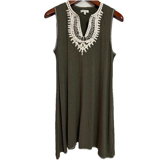 Max Studio Olive Green Sleeveless Dress Women L Crochet Neck Rayon Spandex Boho - Picture 1 of 10